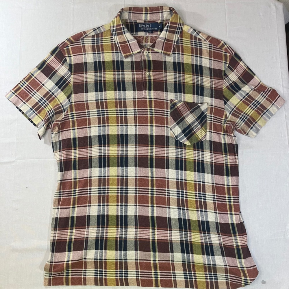 Polo Ralph Lauren Mens Medium Plaid Cotton Short Sleeve Pocket Polo Shirt Brown